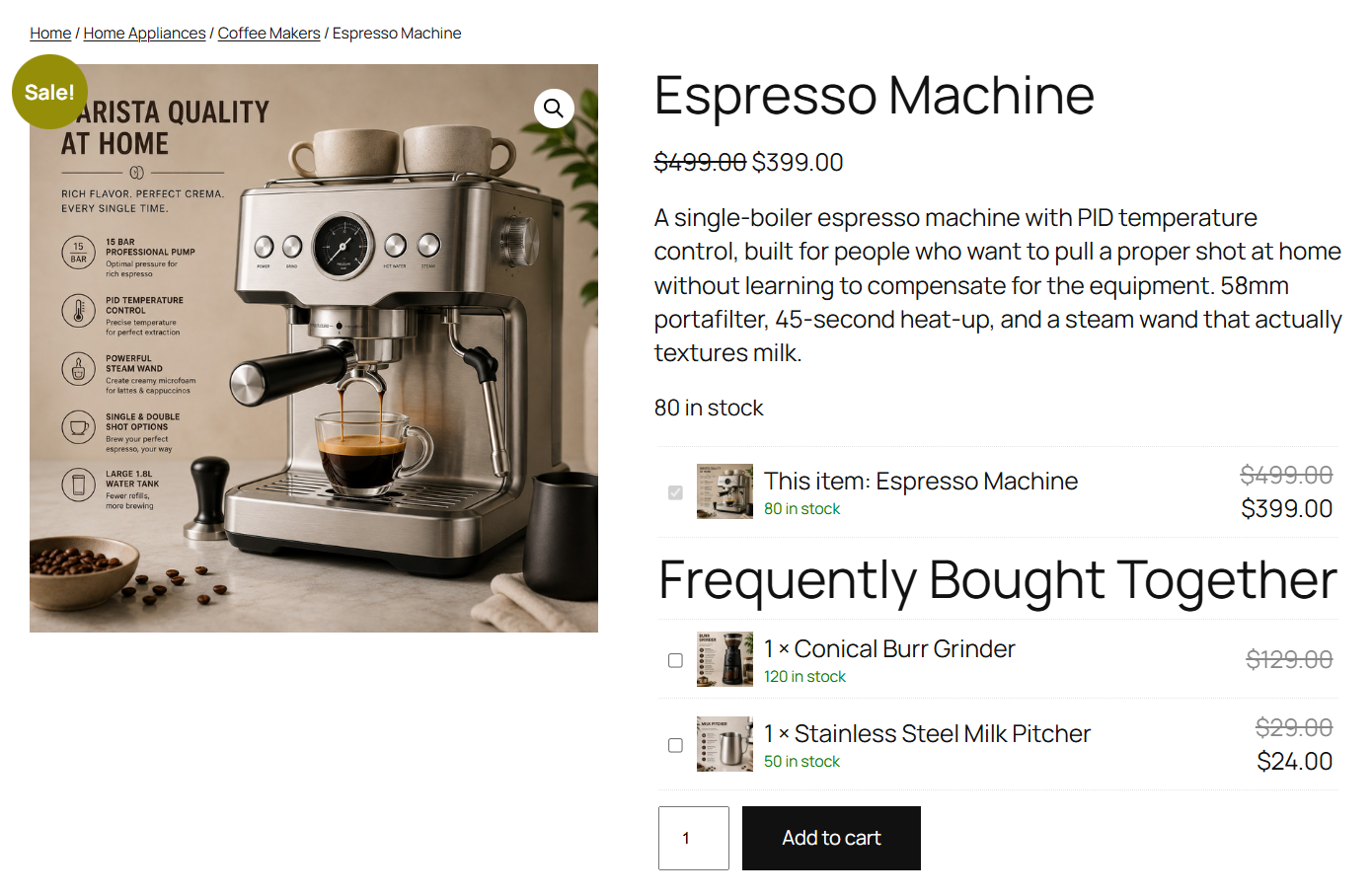 Open the espresso machine product on the front end, uncheck the pitcher, check the grinder, and add to cart. 