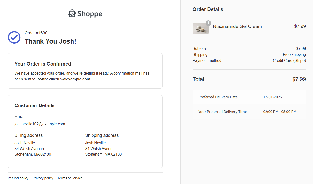 preview of the woocommerce thank you page with preferred delivery date and time slot