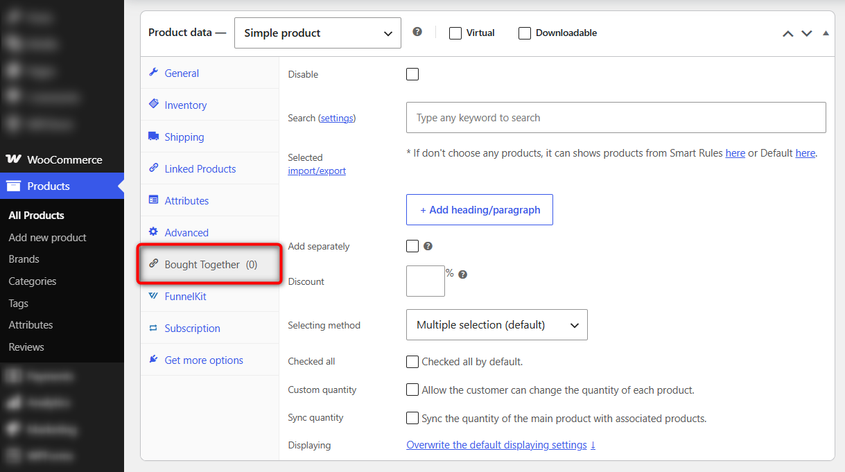 Click the Bought Together tab that WPC adds alongside Inventory and Linked Products.