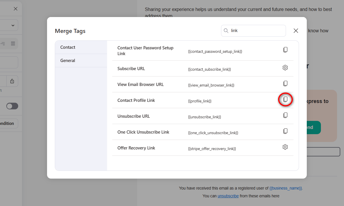 contact profile link merge tag to insert into your woocommerce transactional and marketing emails