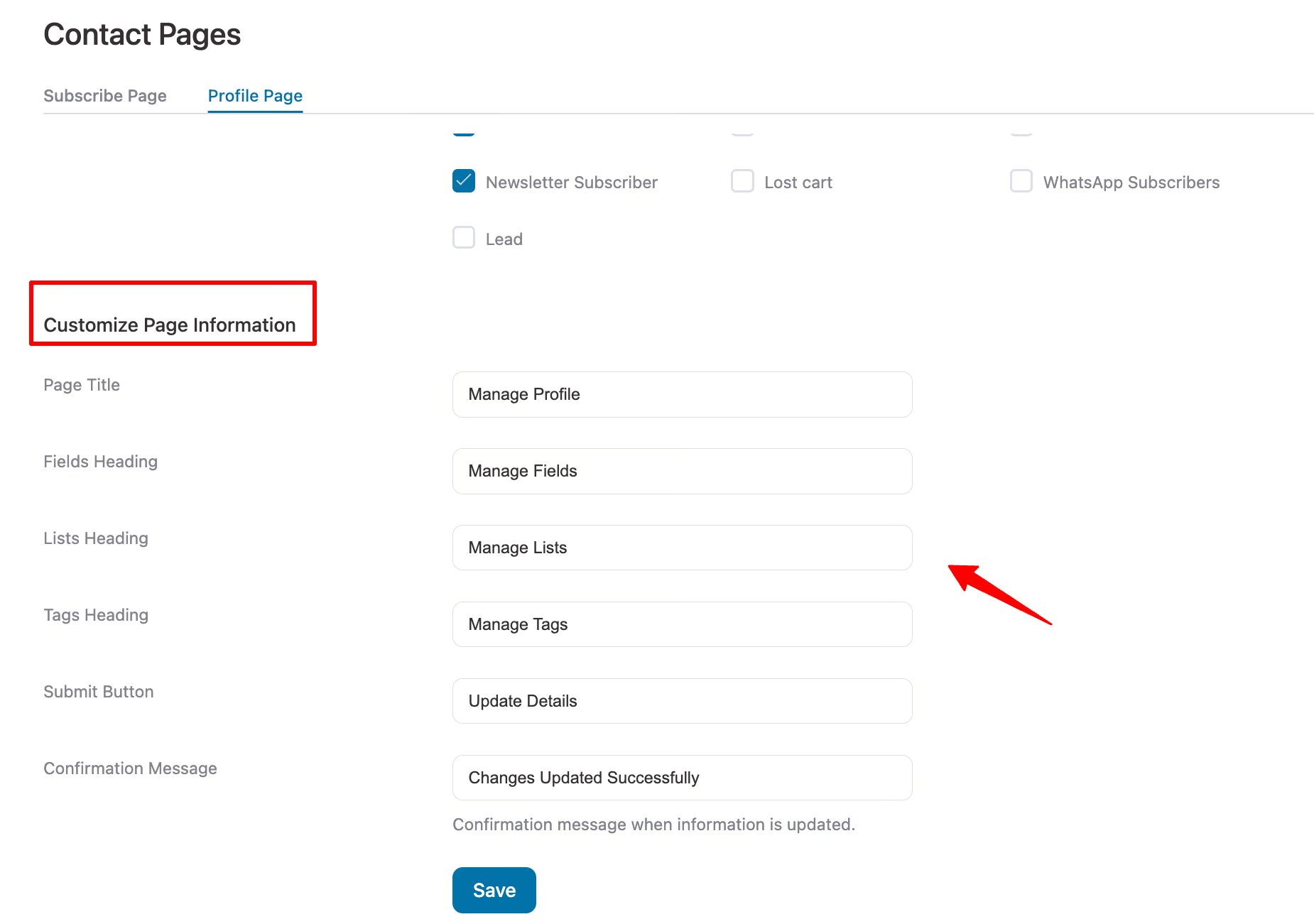 profile page settings to customize information on the page