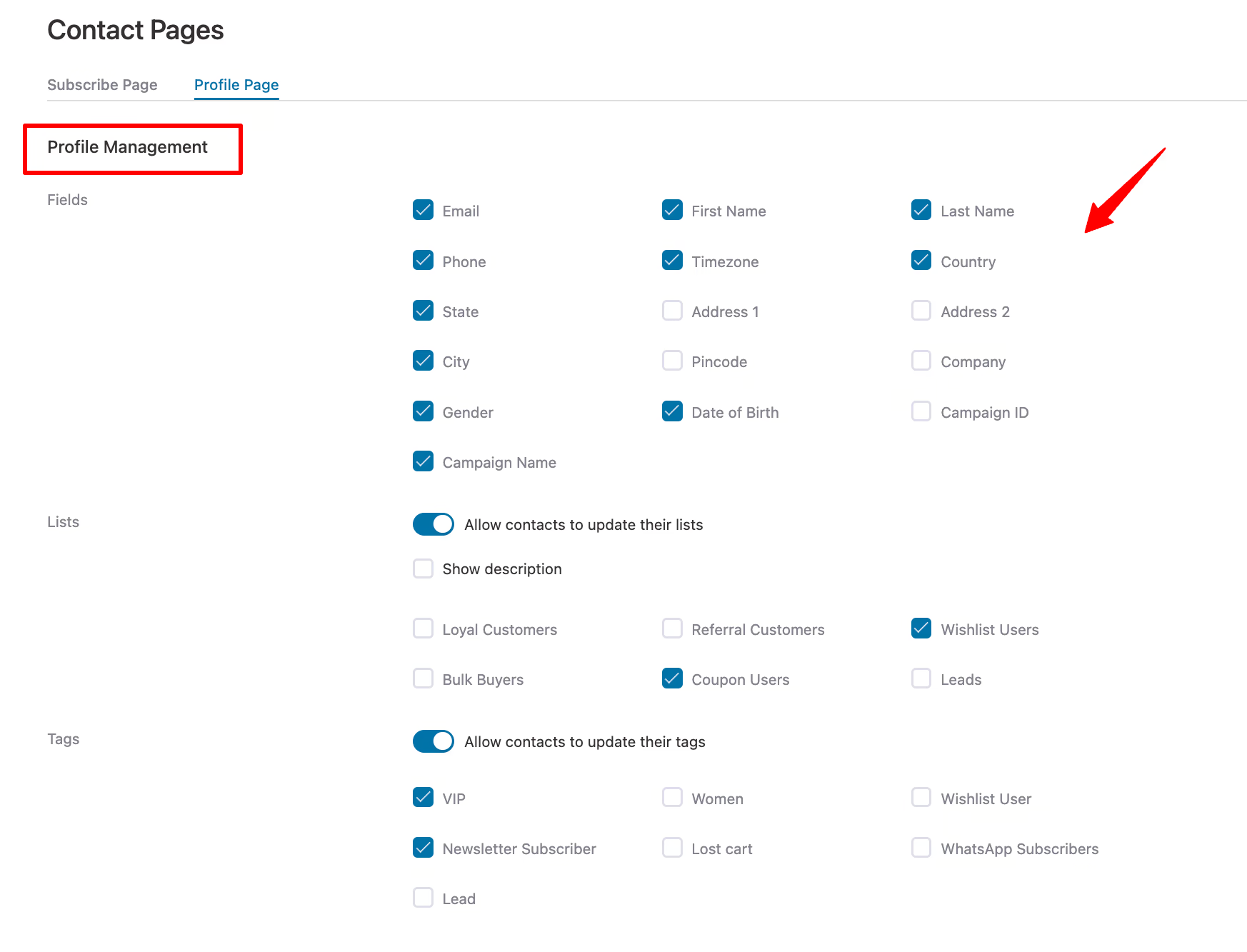 profile page settings to manage a profile