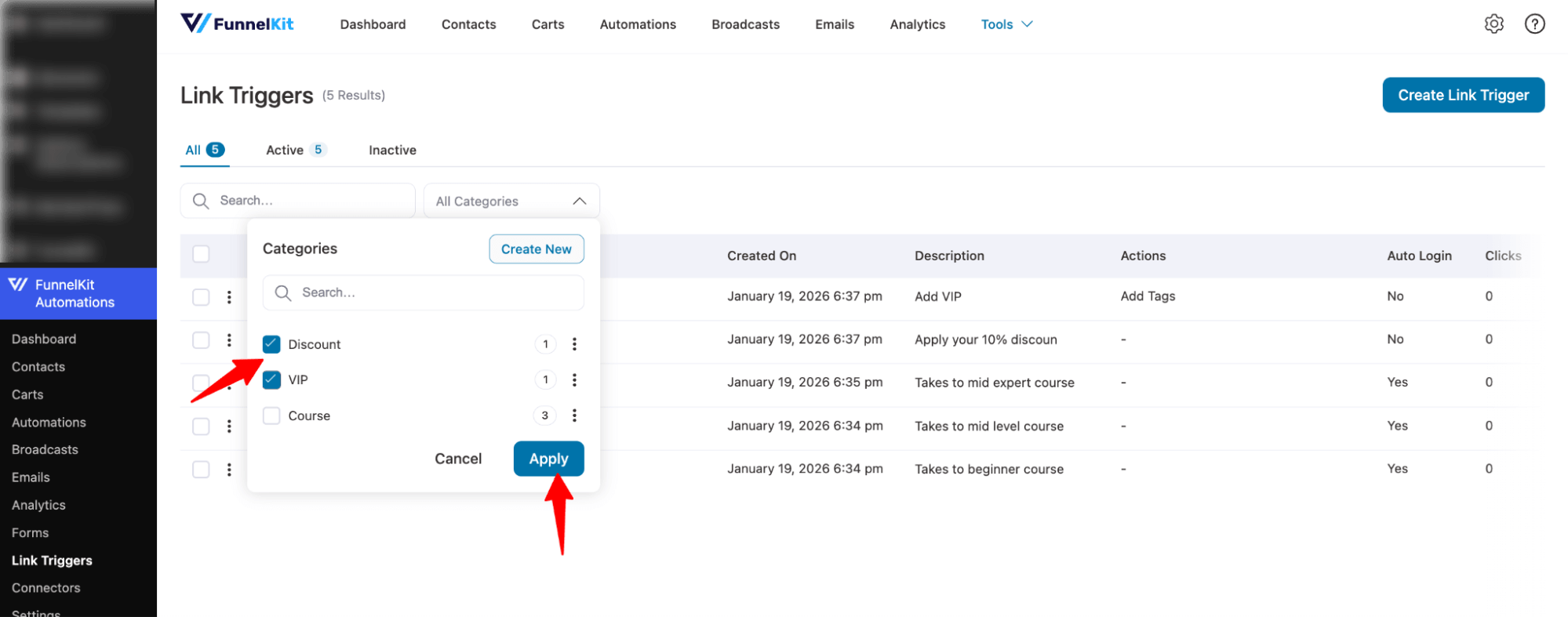 select category to filter link triggers