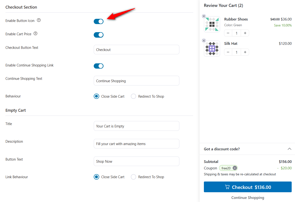Next, adjust the checkout button. Edit the button text, link it to your checkout page, and make it the strongest visual element in the drawer. 