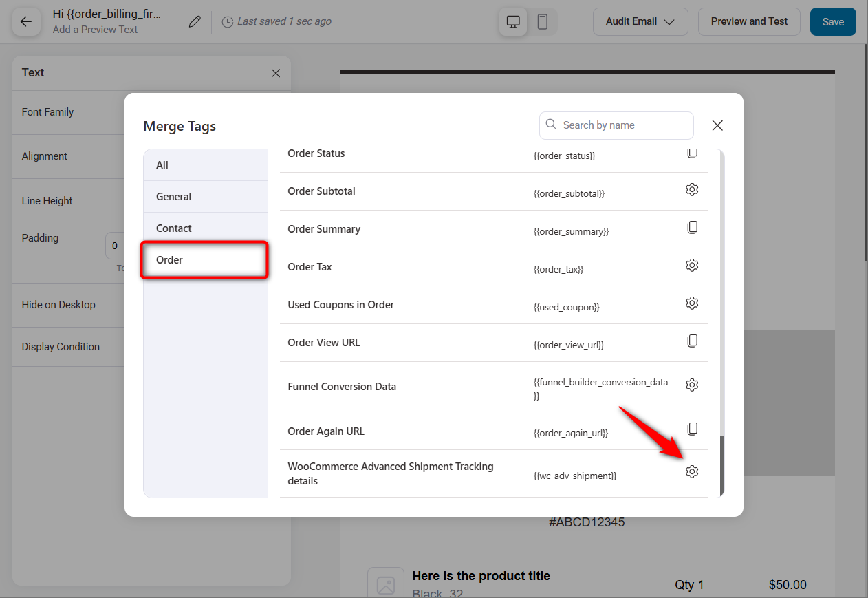 To fetch the shipping information, go to merge tags and look for woocommerce advanced shipment tracking details