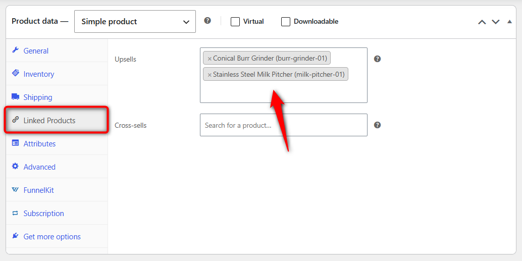 Edit a product, open Product data ⇨ Linked Products, and add the grinder and pitcher to the Upsells field.