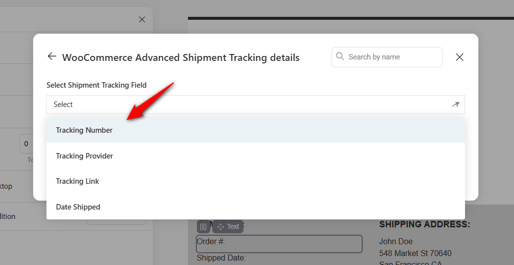 Select the shipment tracking field you want to fetch the value