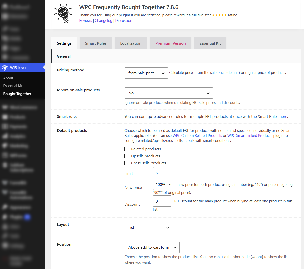 Under WPClever ⇨ Bought Together, pick what shows when a product has no custom list, falling back to related products, upsells, or cross-sells from Linked Products. 