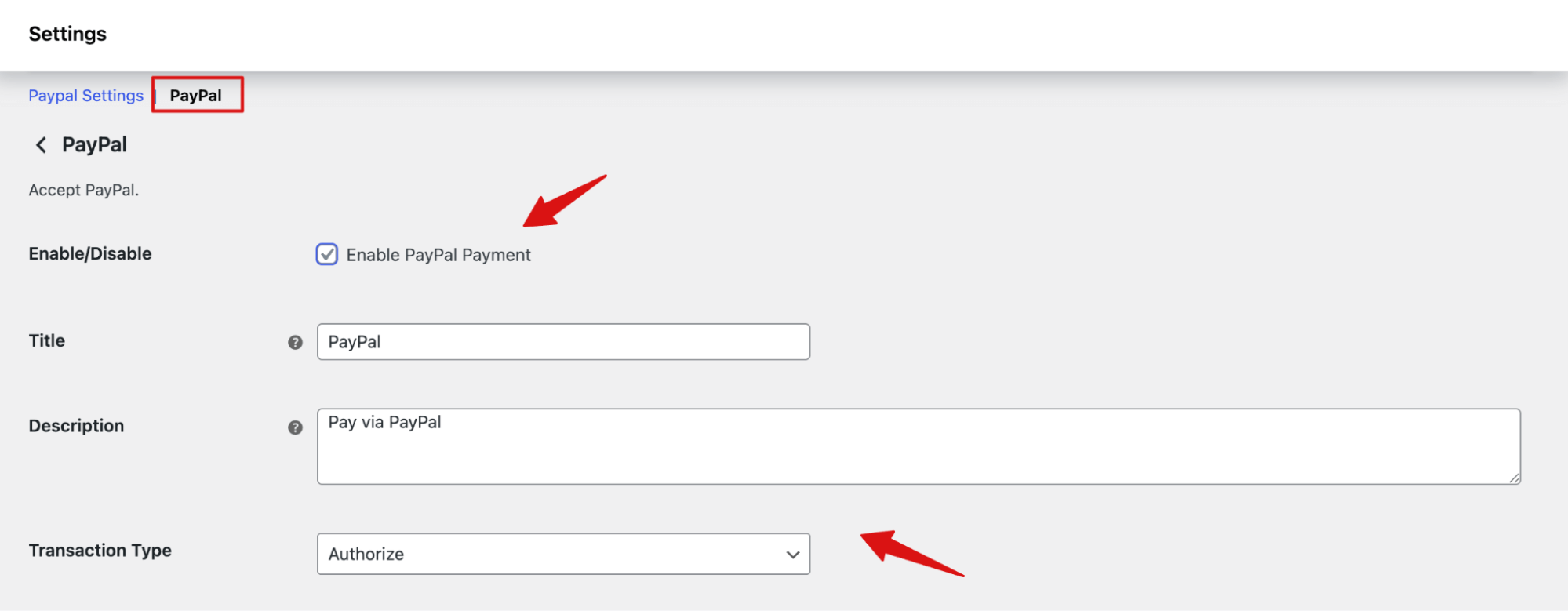 Accept PayPal settings