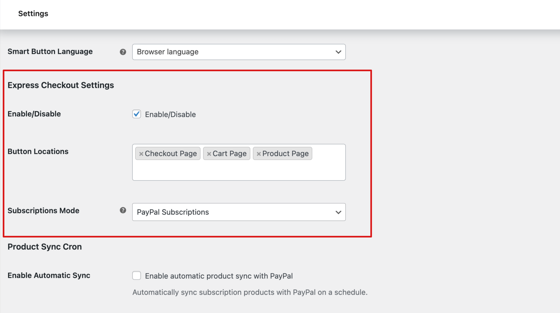 Paypal express checkout settings