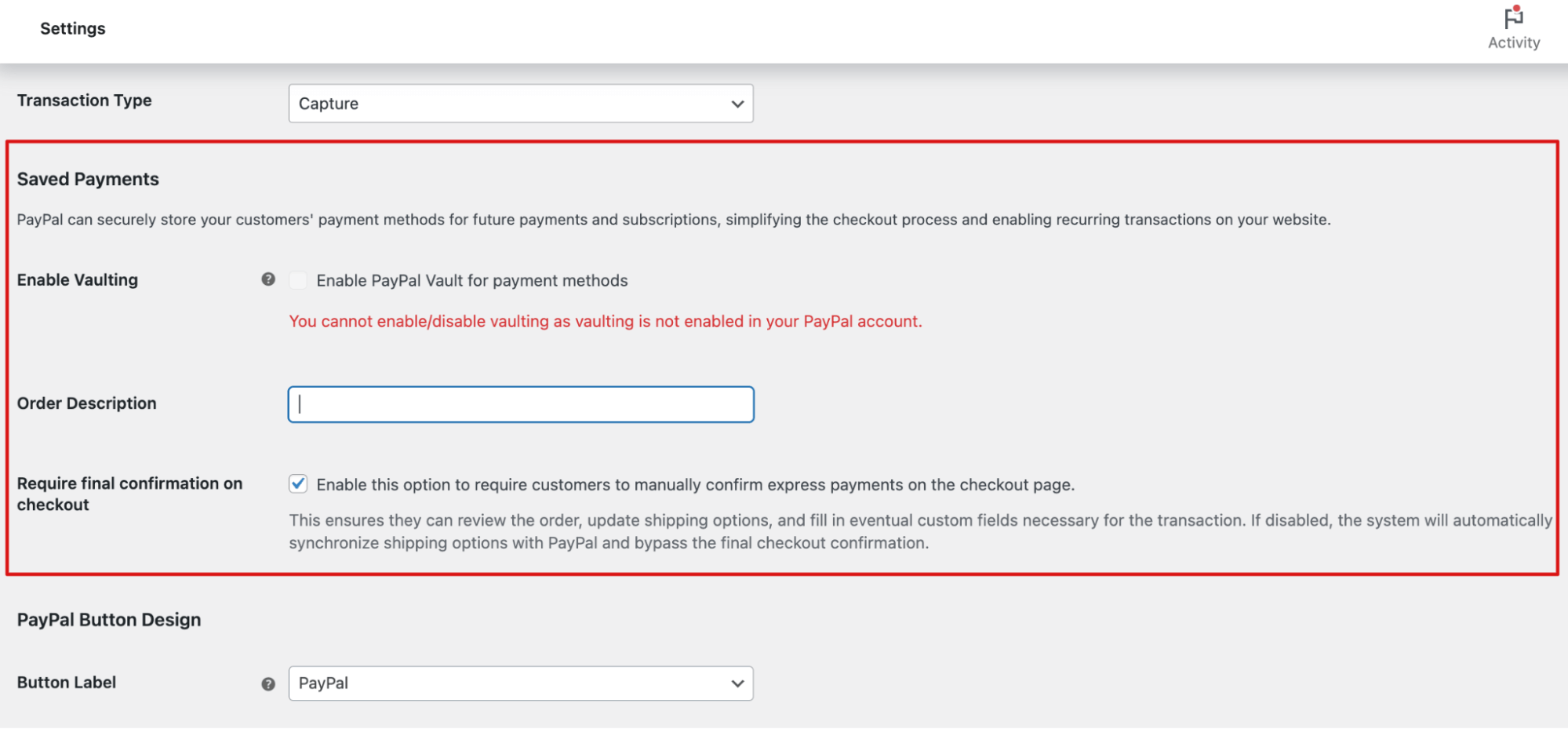 Paypal saved payments settings