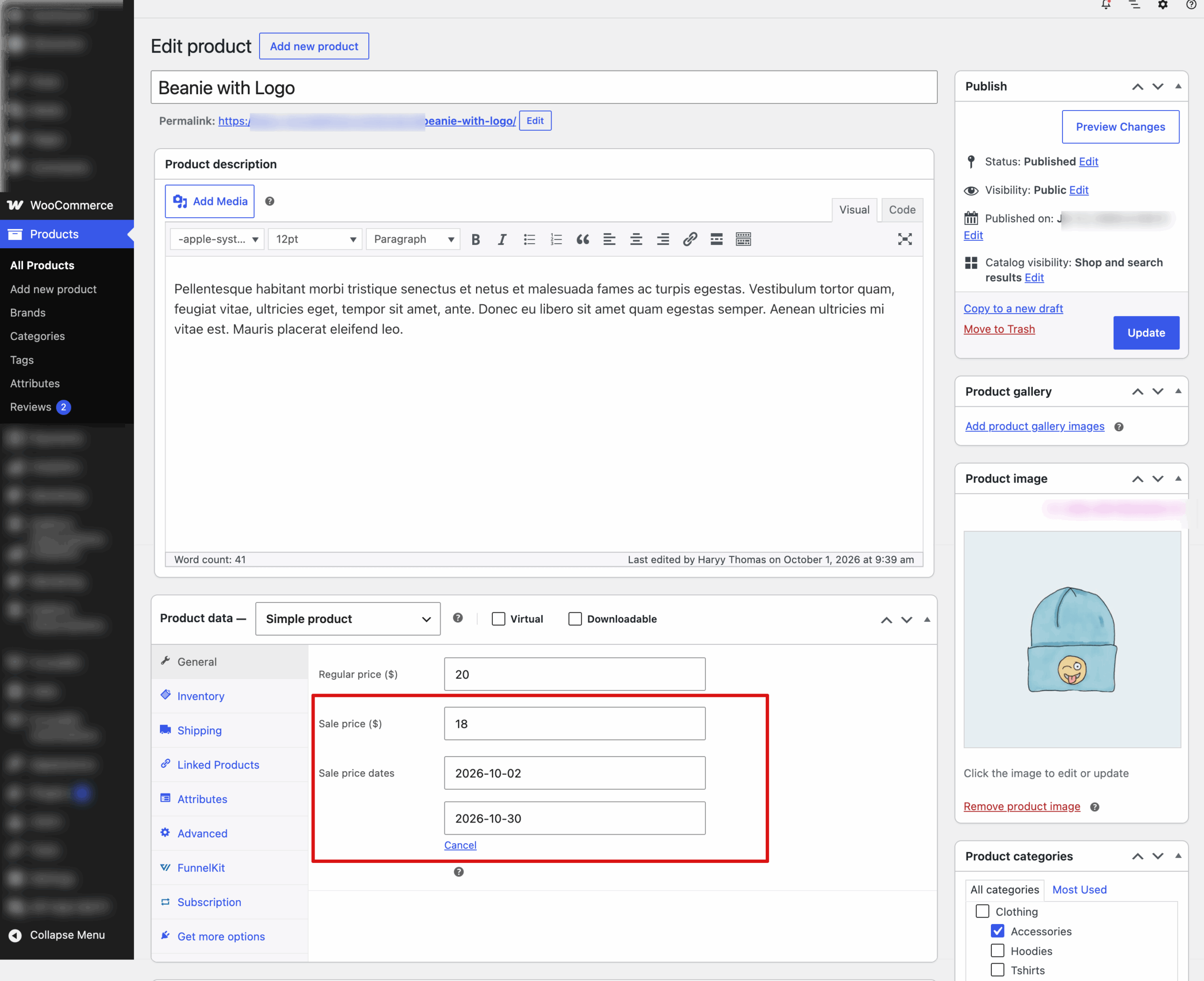 WooCommerce product settings showing the Sale price and scheduled sale date fields.