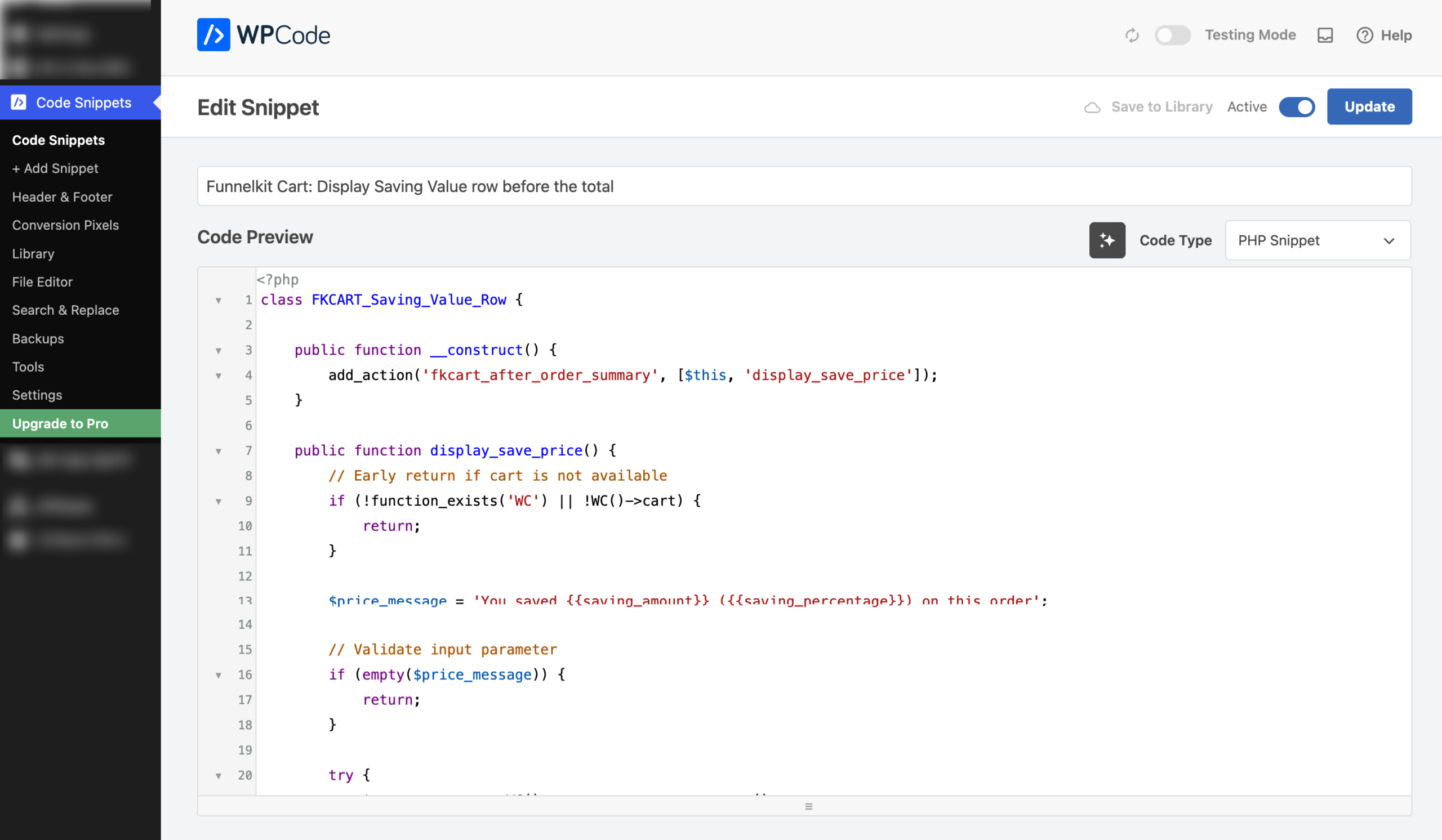 add a code to Funnelkit Cart- Display Saving Value row before the total