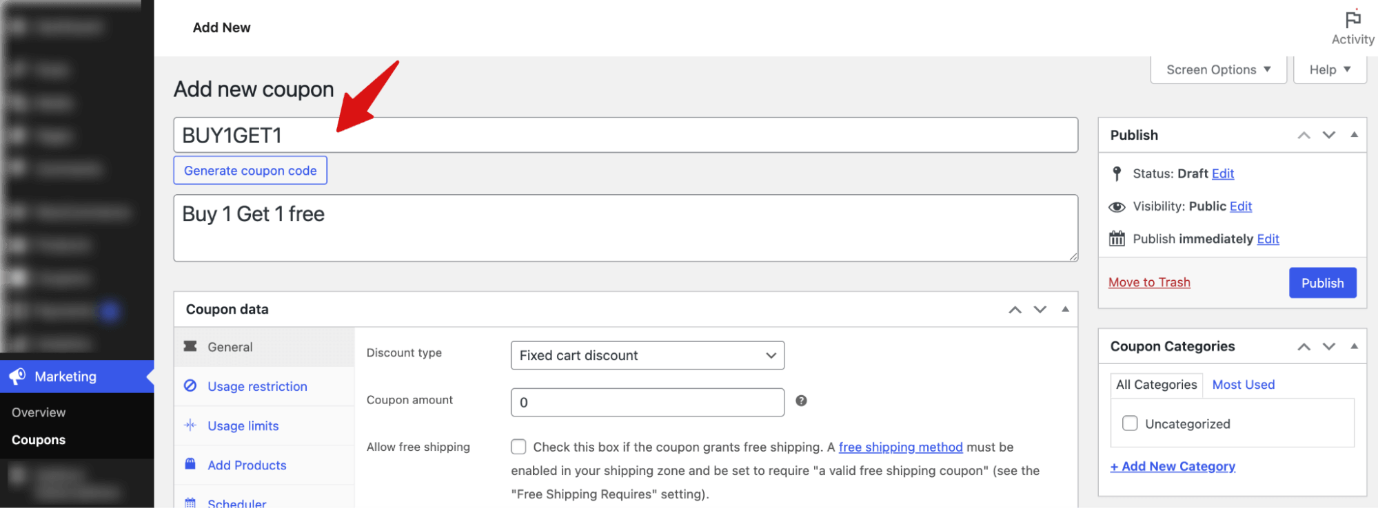 add bogo coupon name and description