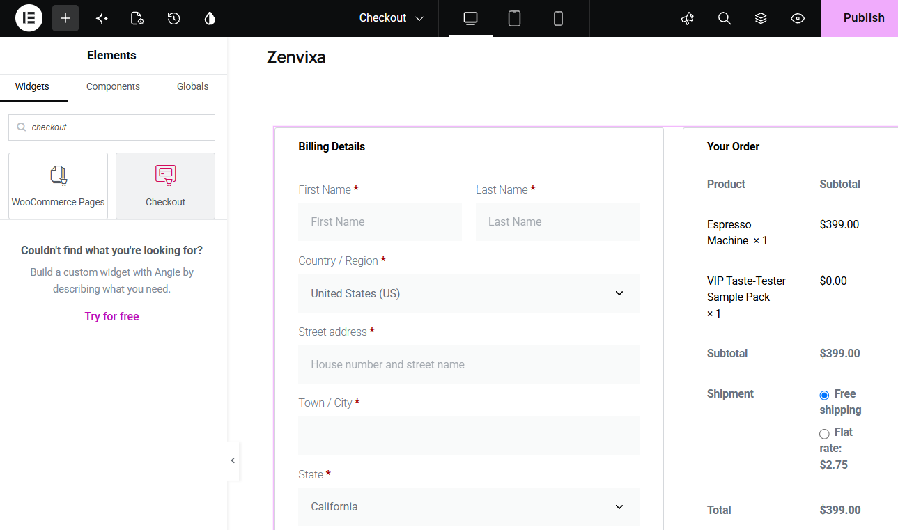 Search for Checkout in the Elementor widget panel and drag the Checkout widget onto the page.