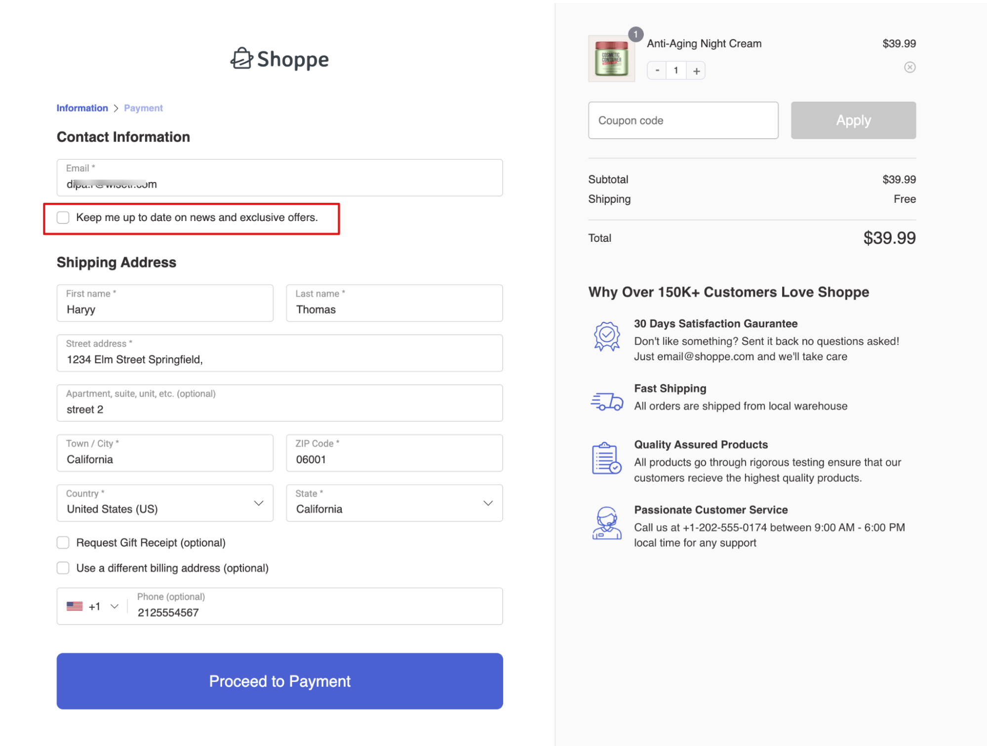 check box email opt in form in checkout page
