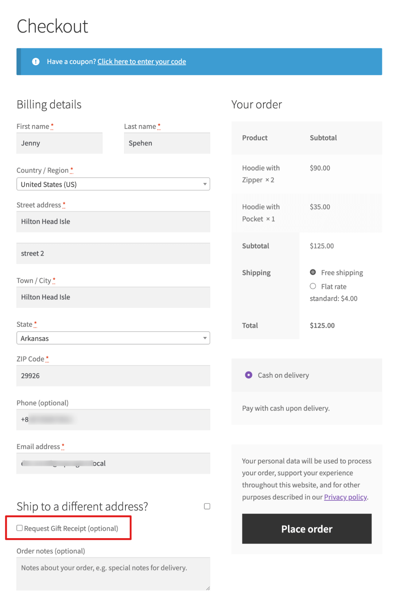 checkbox field at default woocommerce checkout