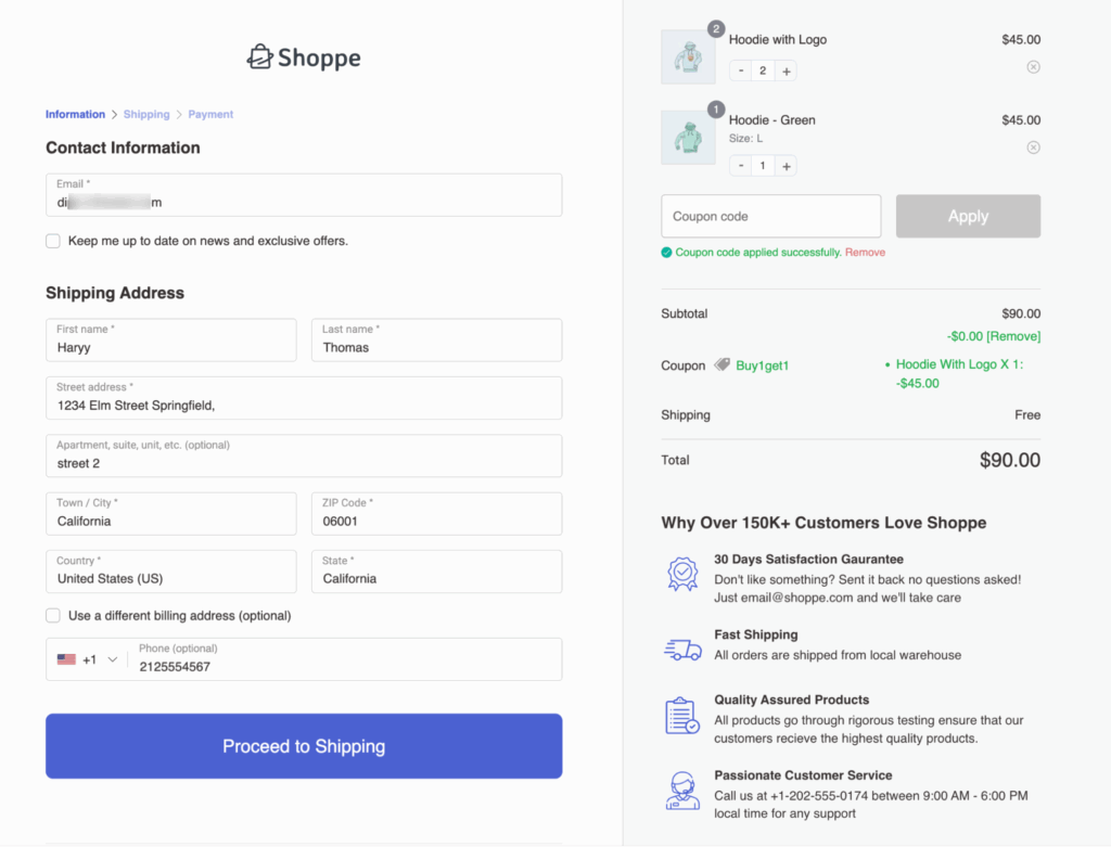 checkout with bogo coupon applied in WooCommerce