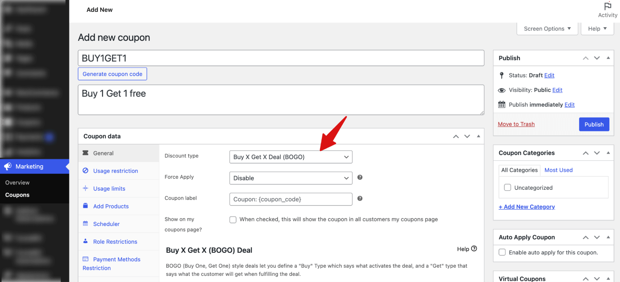 choose discount type as BOGO