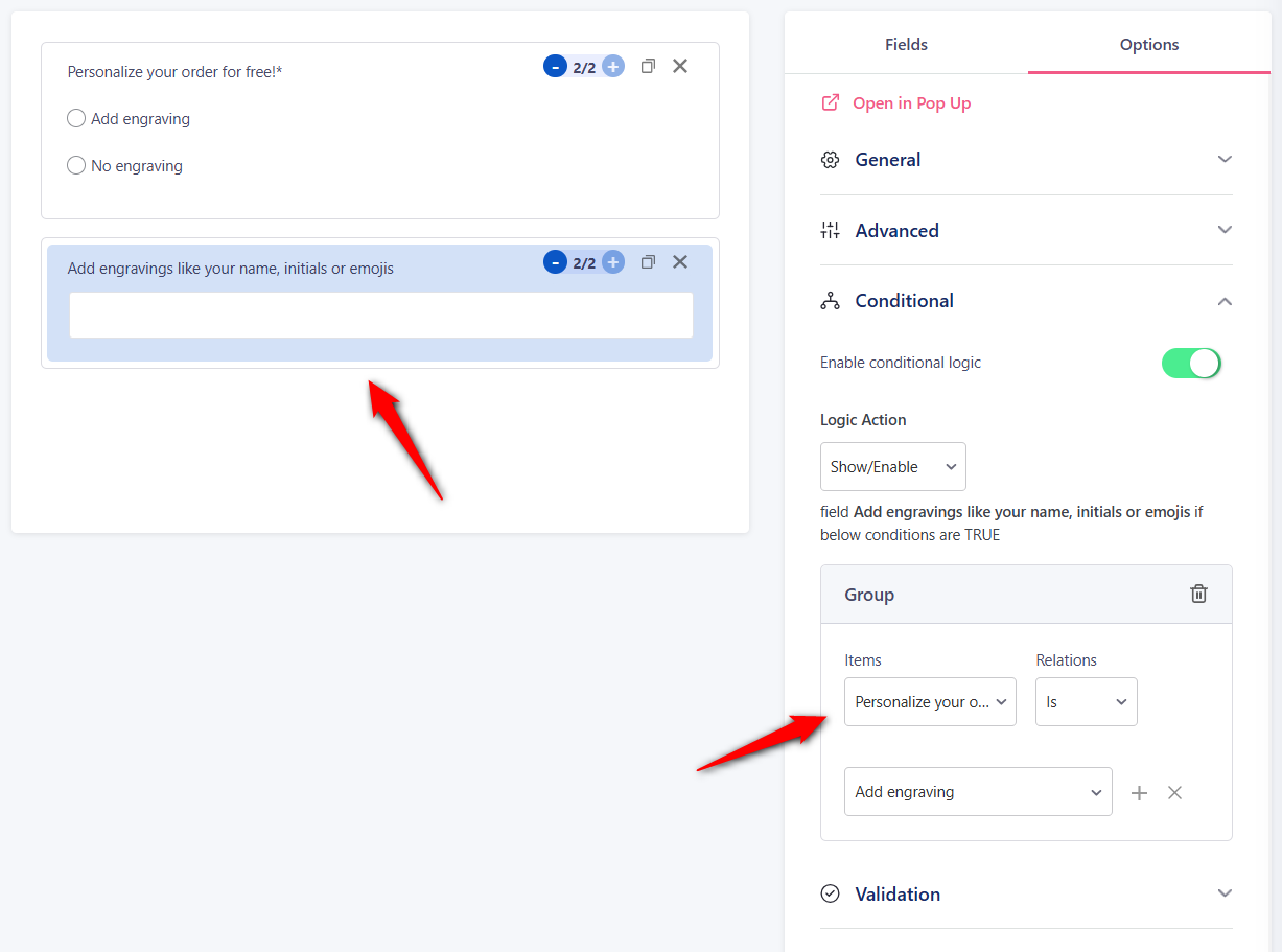Set validation for the text engraving field for custom product options