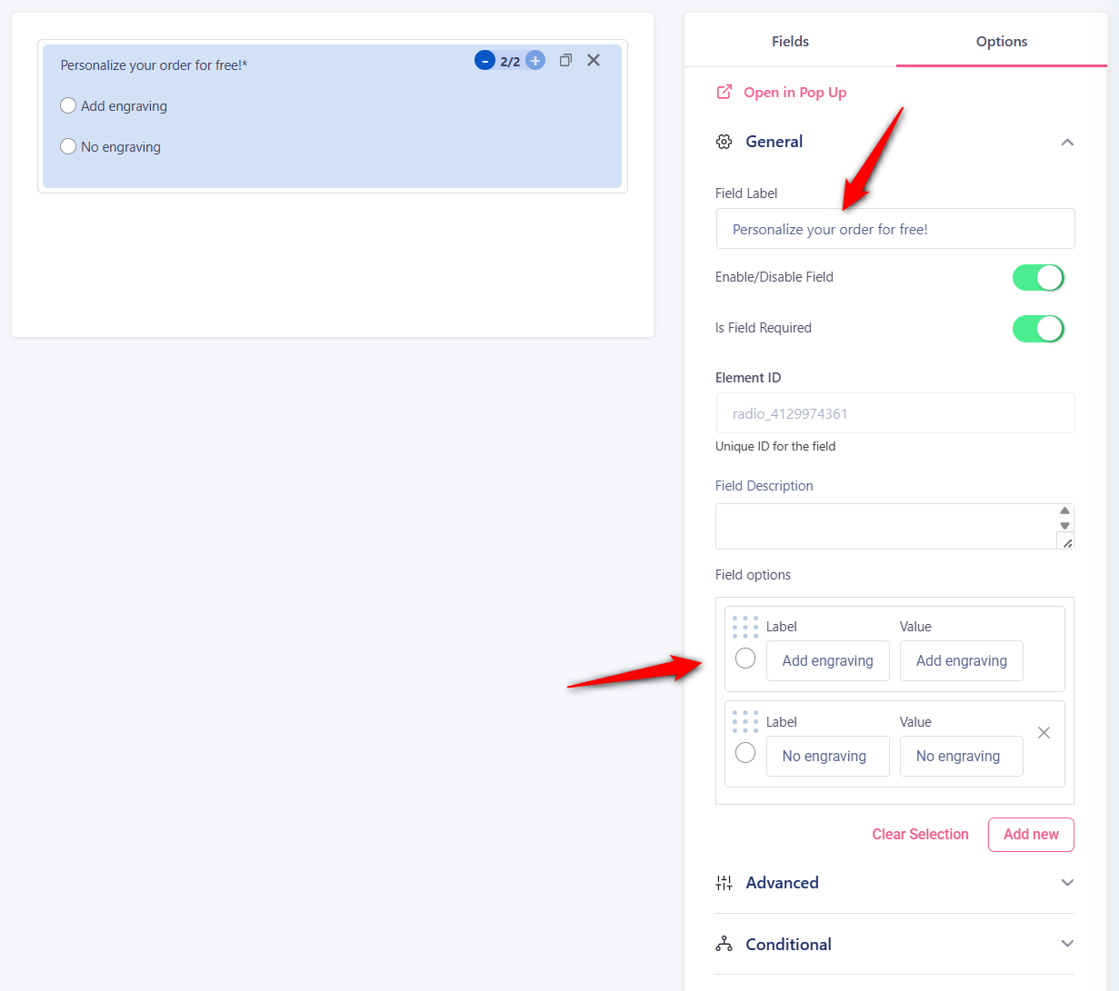 Set product addon labels and field options