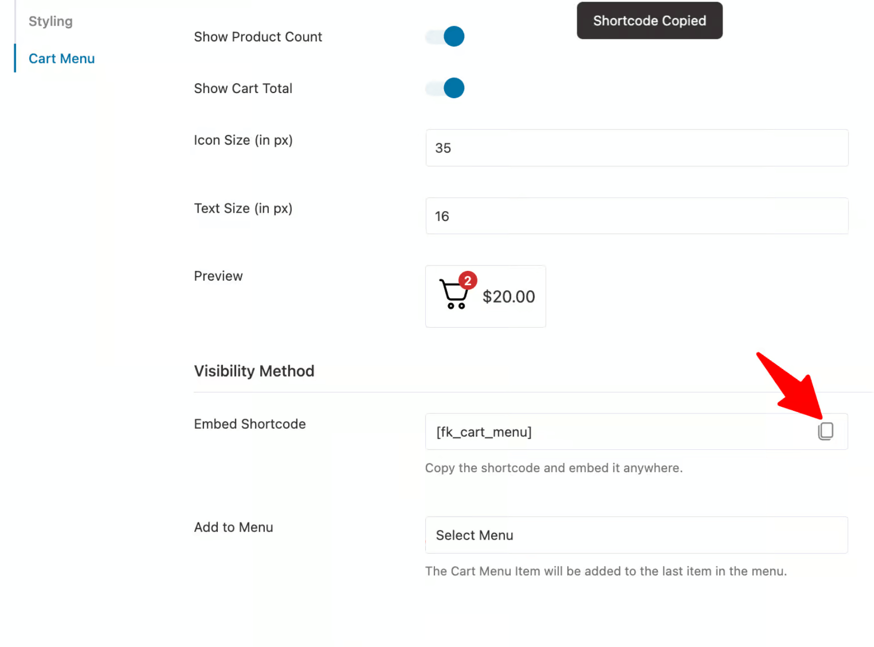 copy shortcode to add cart icon to menu in WOoCommerce