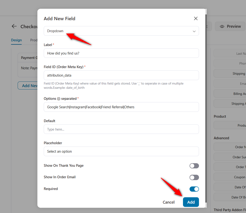 create new dropdown field to be added to the woocommerce checkout page