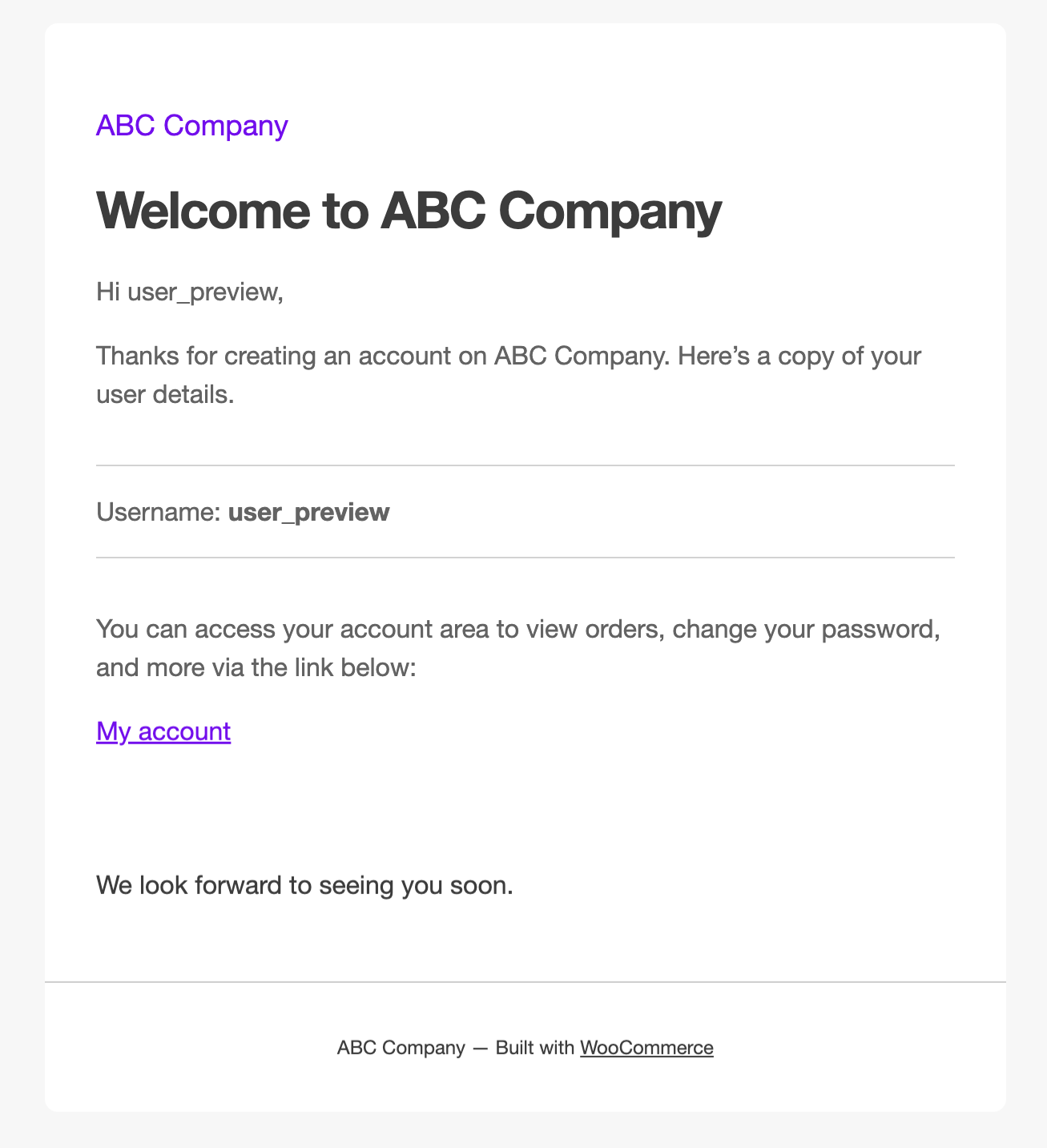 default WooCommerce welcome email