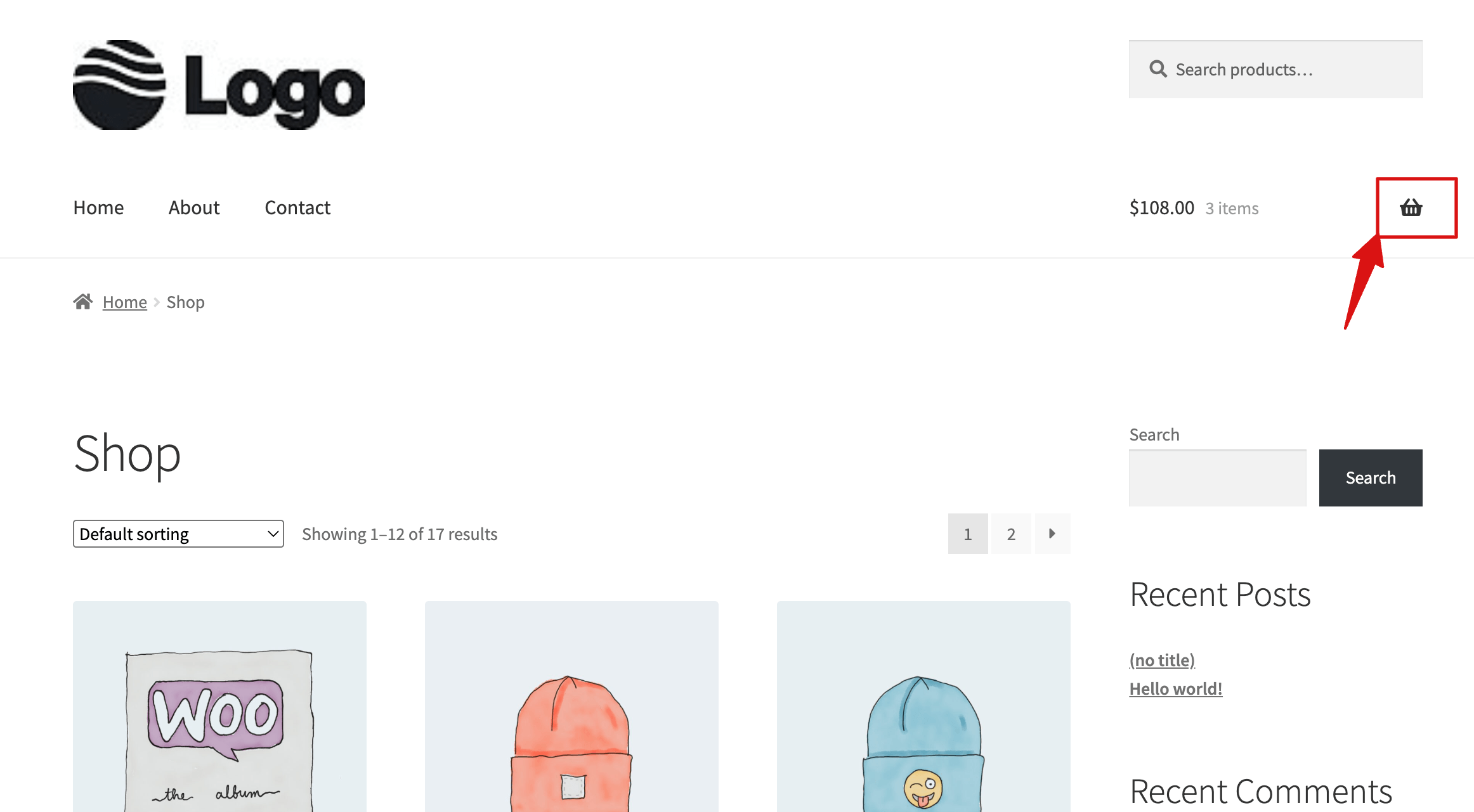 Storefront, WooCommerce's official theme, ships with a cart icon already in the header.