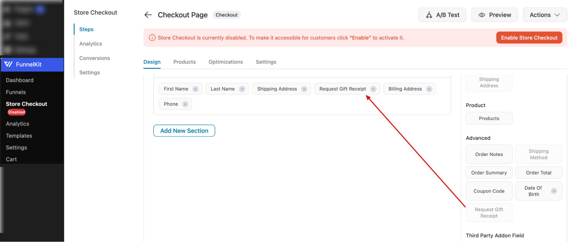 drag and drop checkbox field to your preffered place on the checkout form
