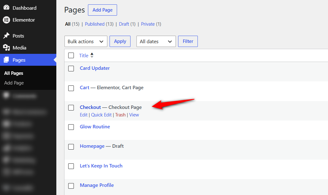 Go to Pages ⇨ All Pages and click on the Checkout Page in the list.
