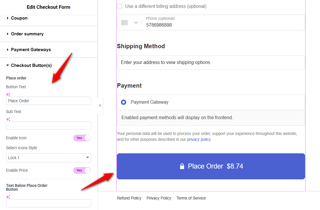 customize the checkout or place order button
