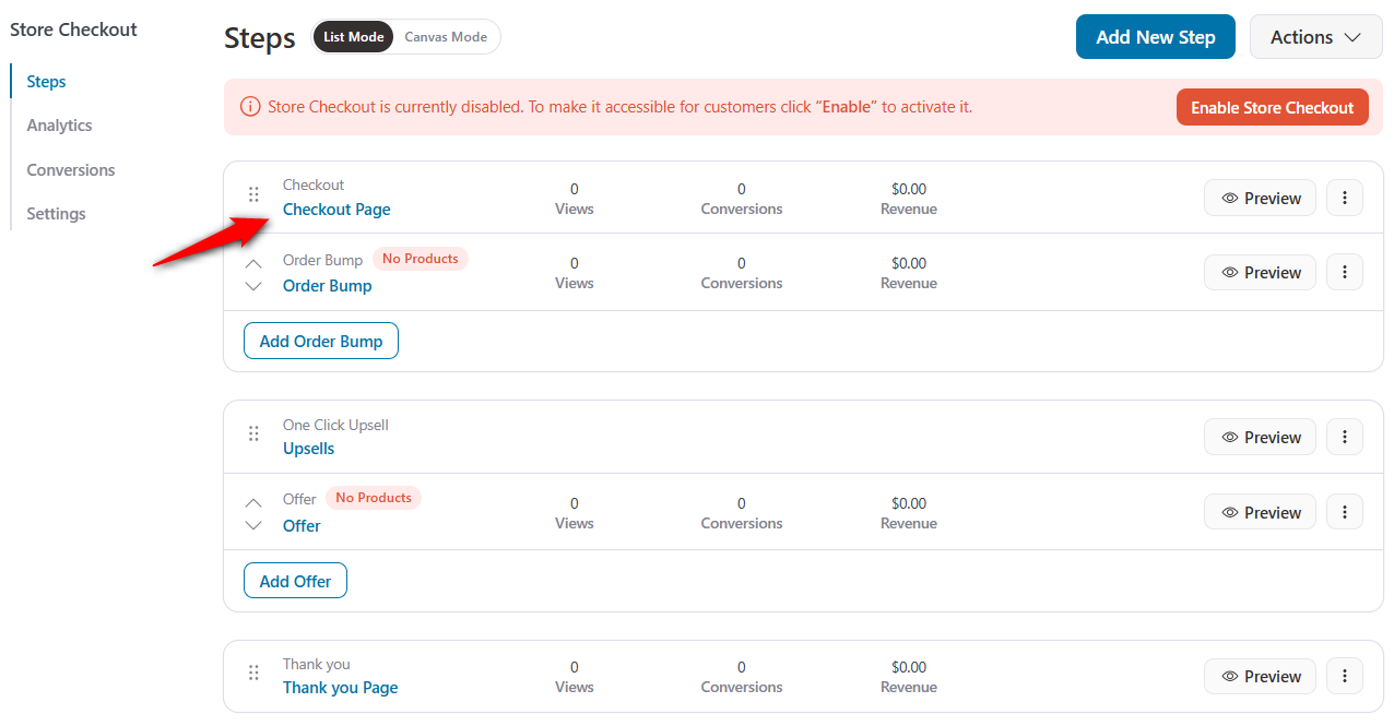 click on the checkout page step to start customizing it