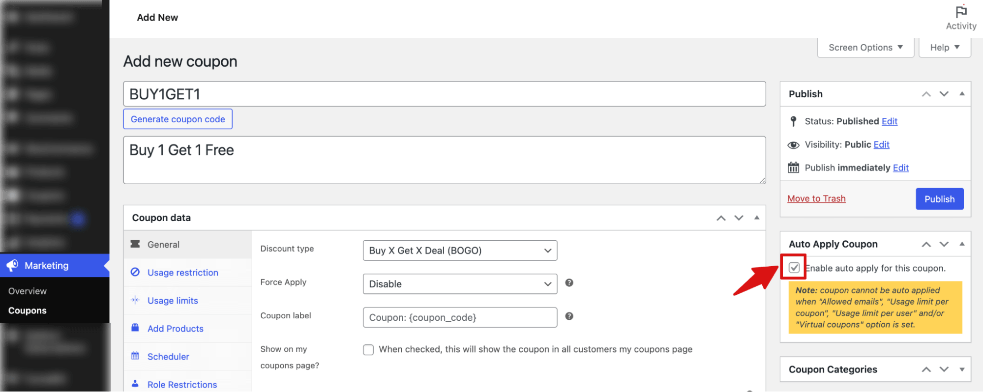 enable auto apply bogo with notice