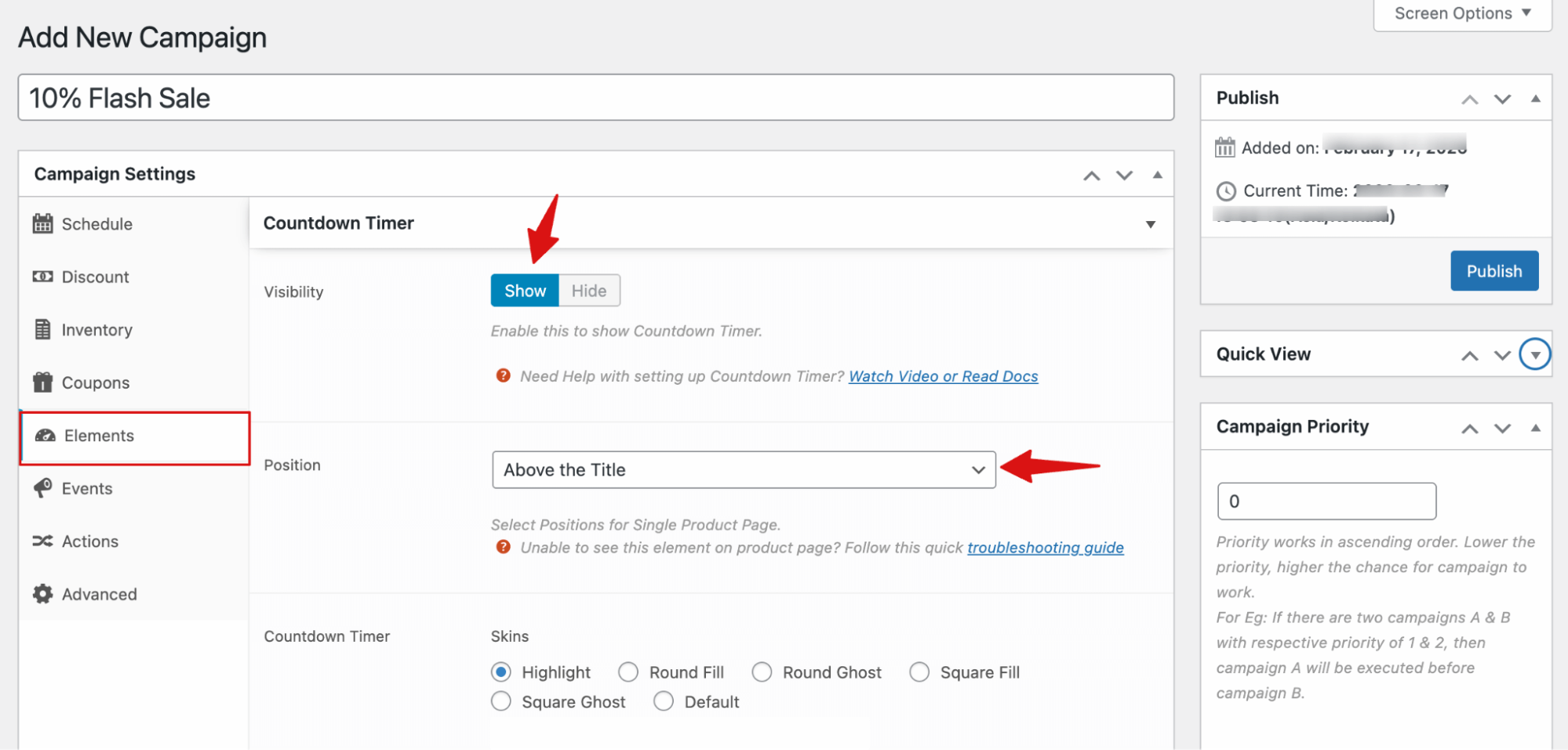 enable countdown timer and set position