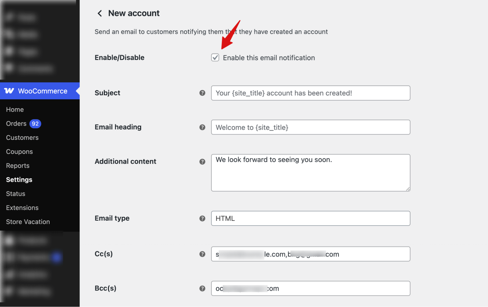 enable default WooCommerce welcome email for new users