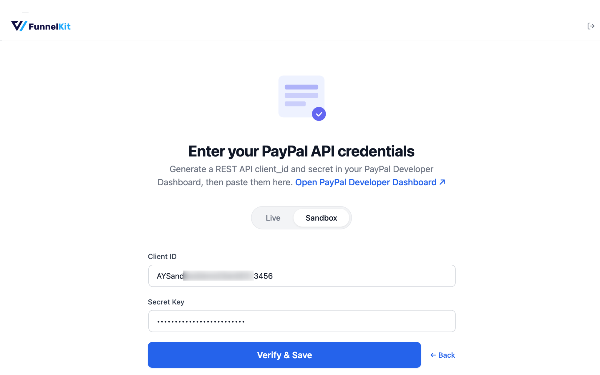 enter id and key to connect to paypal