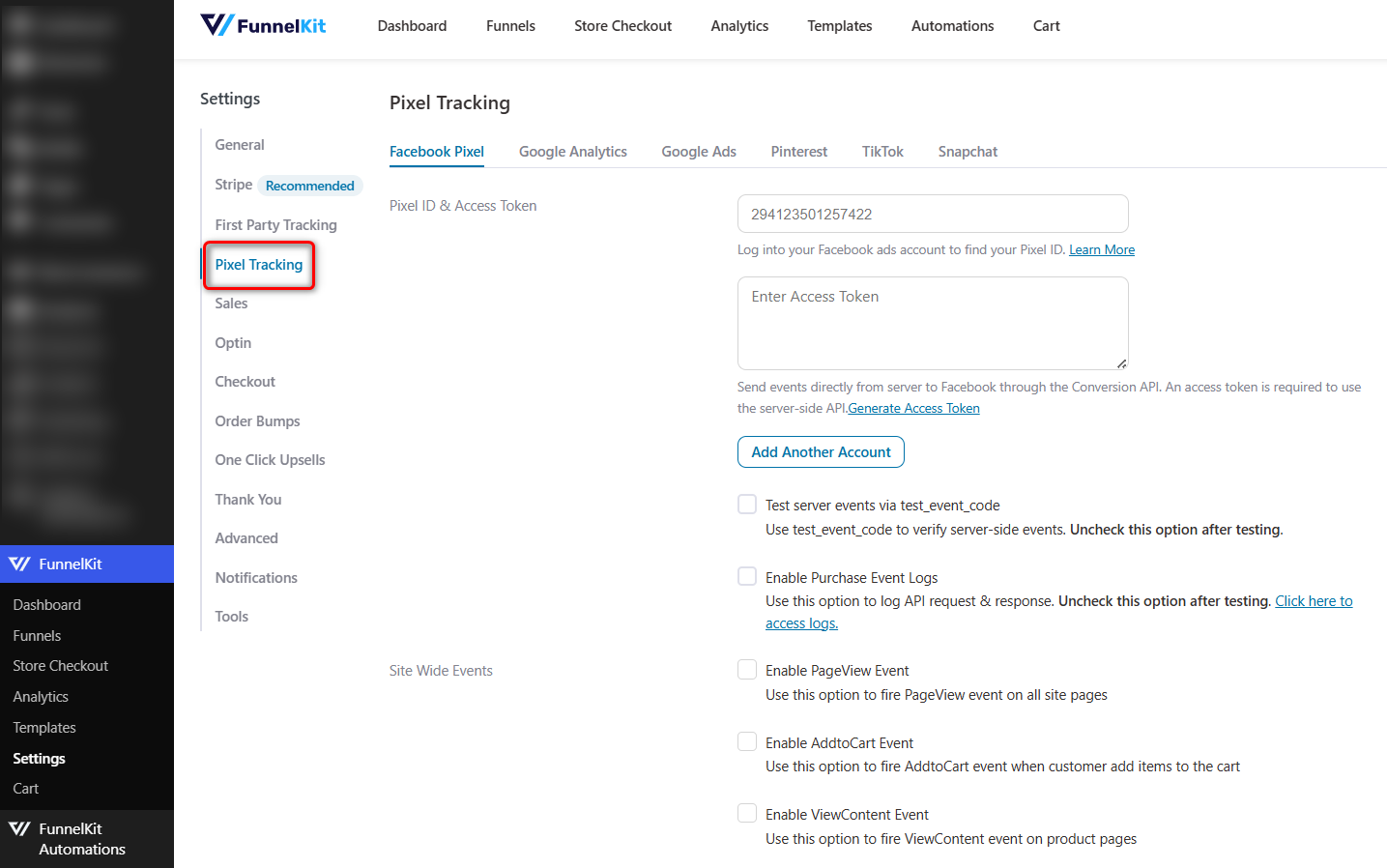 Install FunnelKit Funnel Builder, then open the Pixel Tracking section in the settings. 