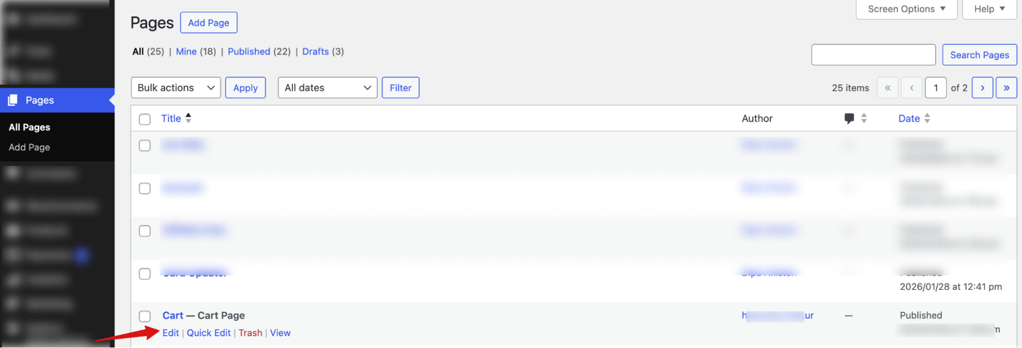 hit edit next to cart page in WooCommerce