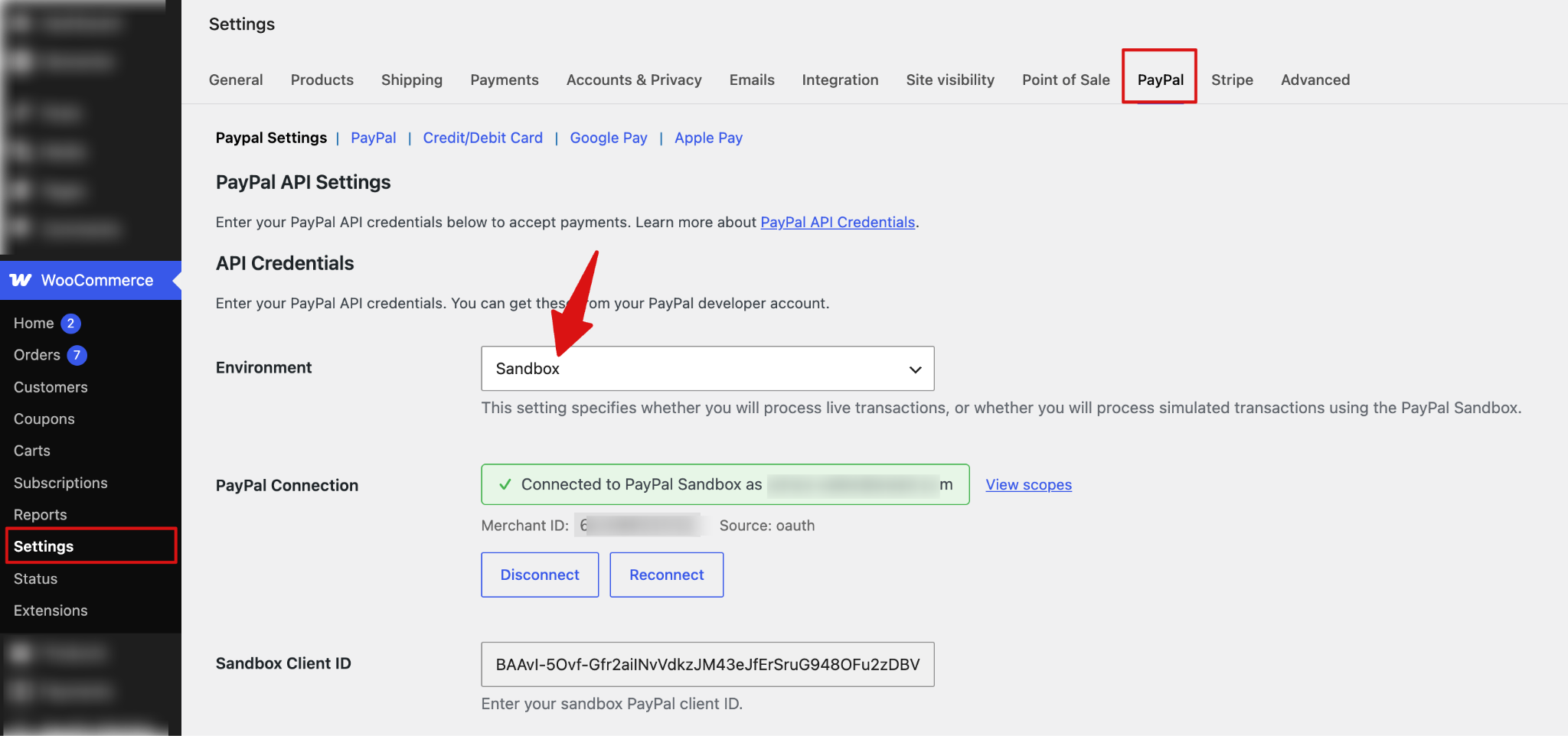 Under WooCommerce PayPal settings, select Sandbox under the Environment dropdown and provide the necessary information.