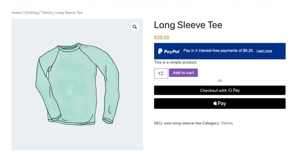 In Sandbox mode, go to your WooCommerce product page. The PayPal Express and Pay Later buttons appear right there.