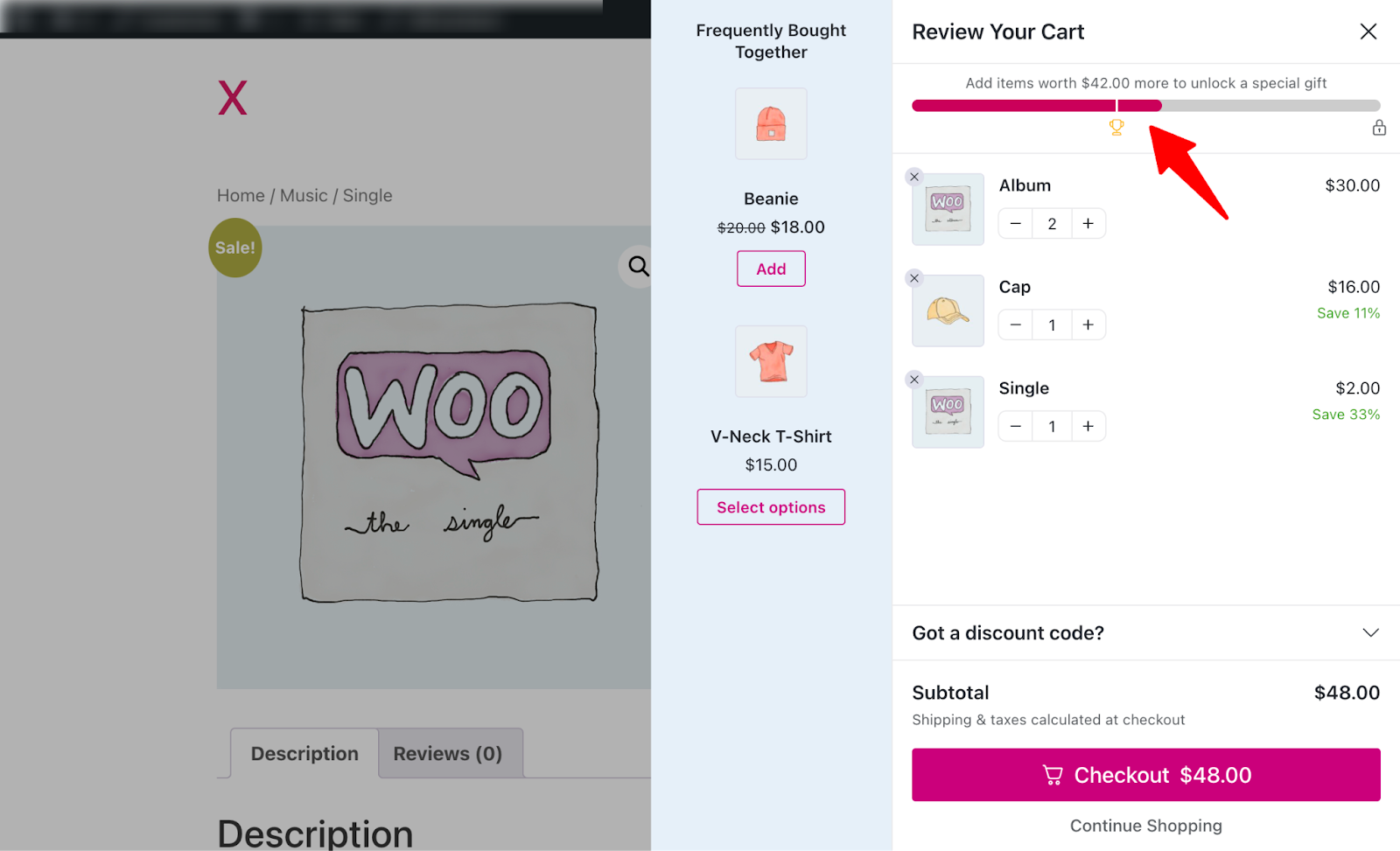 in-cart product recommendations and milestone-based rewards in side cart