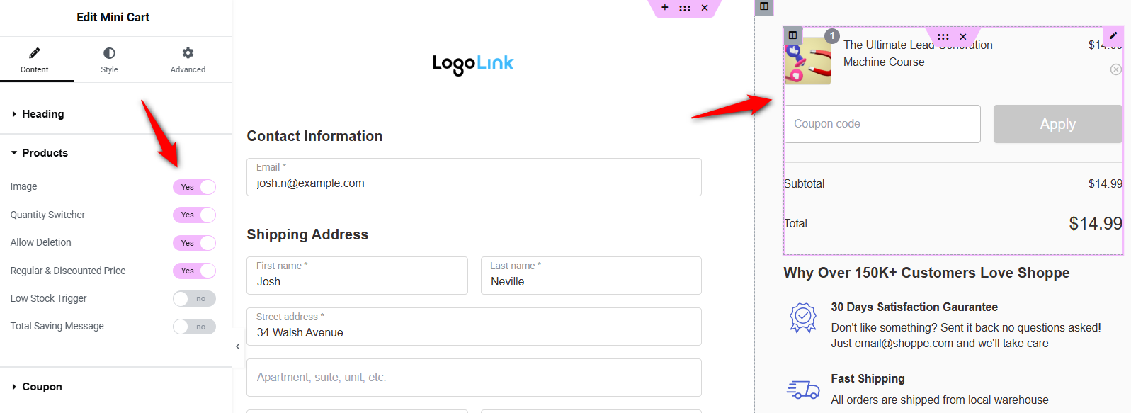 Edit the mini cart section with the heading text, products and coupon configuration