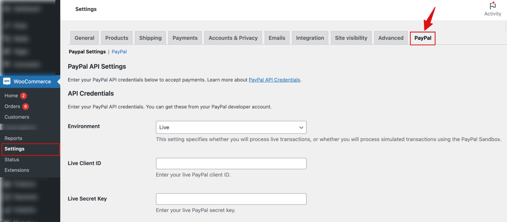 navigate to Paypal Settings