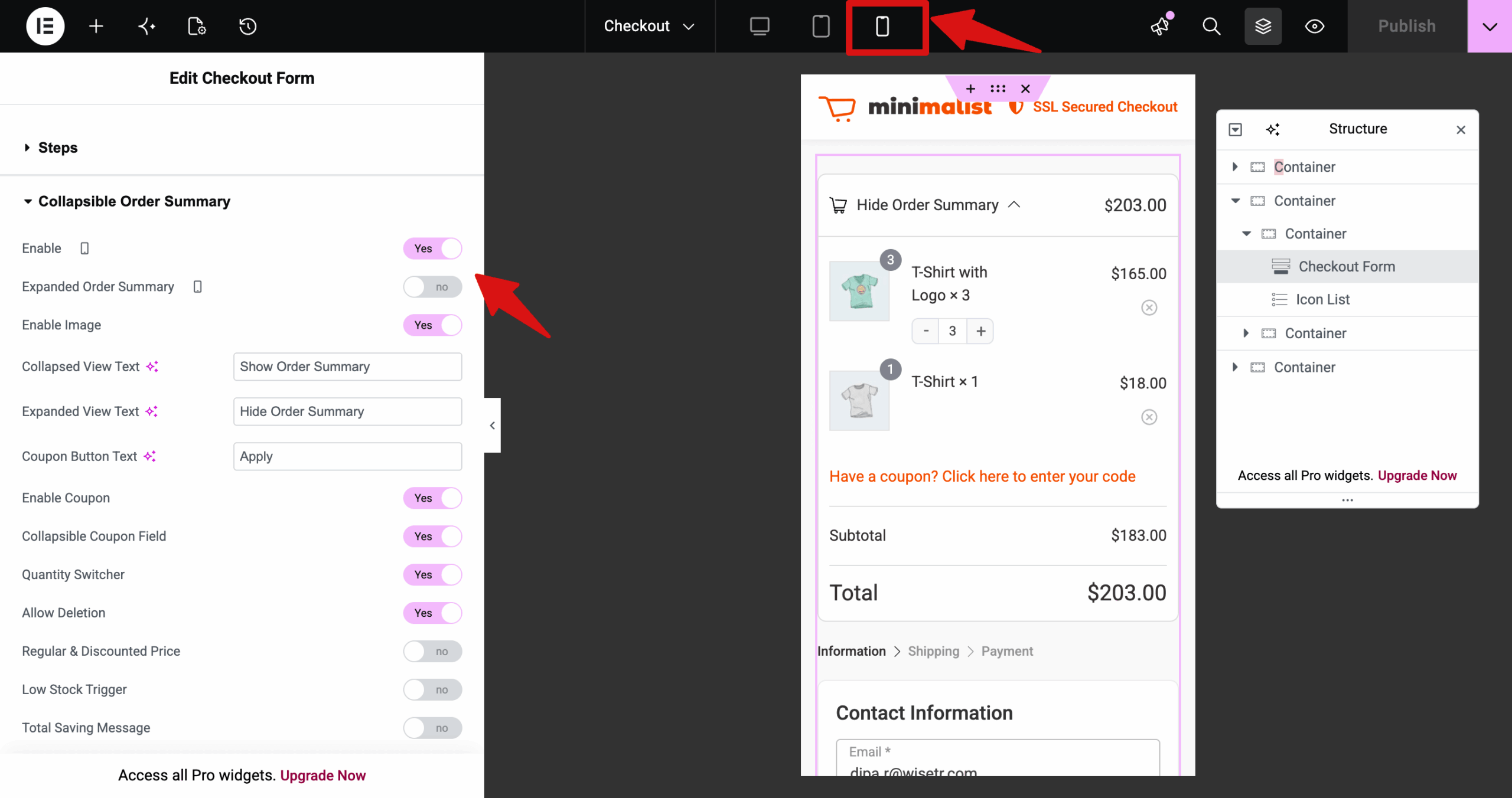 optimize checkout for mobile with elementor