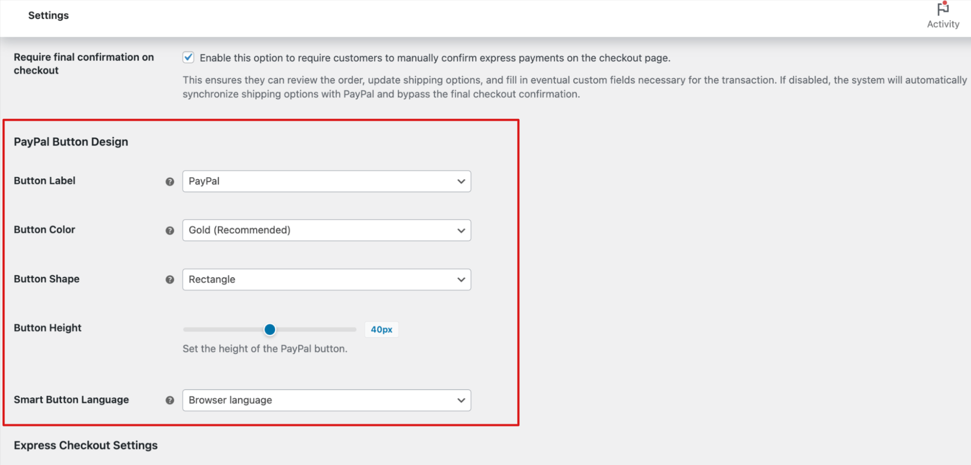 paypal button design settings