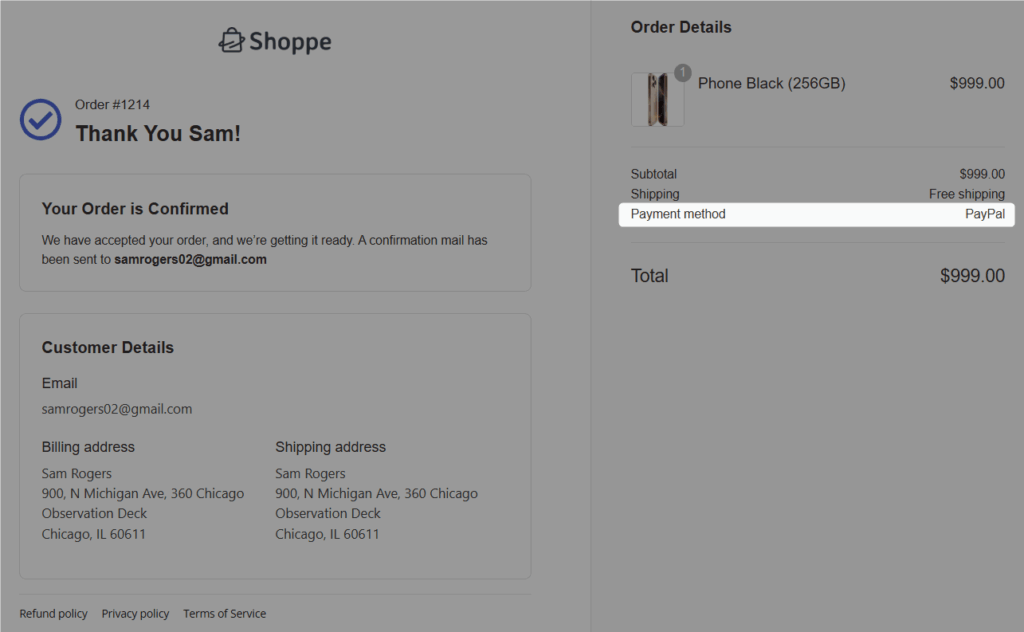 paypal payment method at thank you page