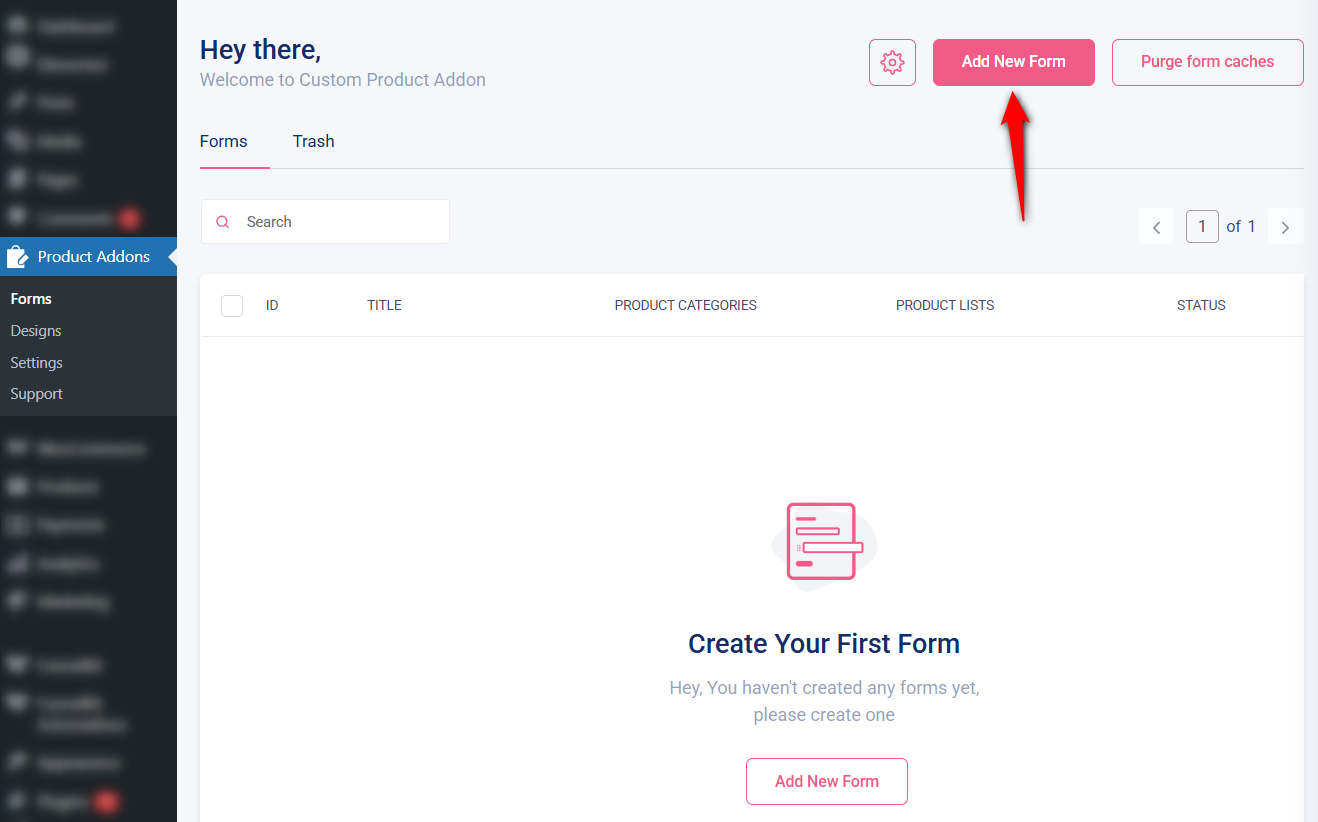 Click on the add new form to configure woocommerce product addons