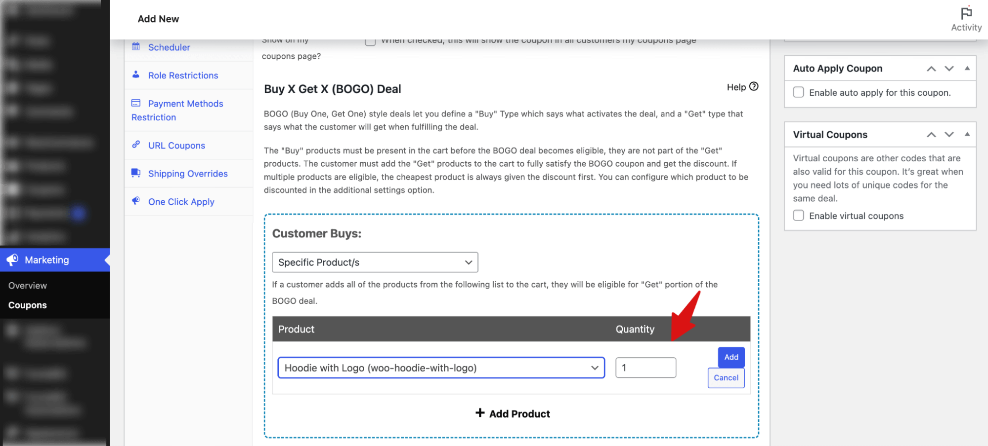 select the product for bogo offer and quantity