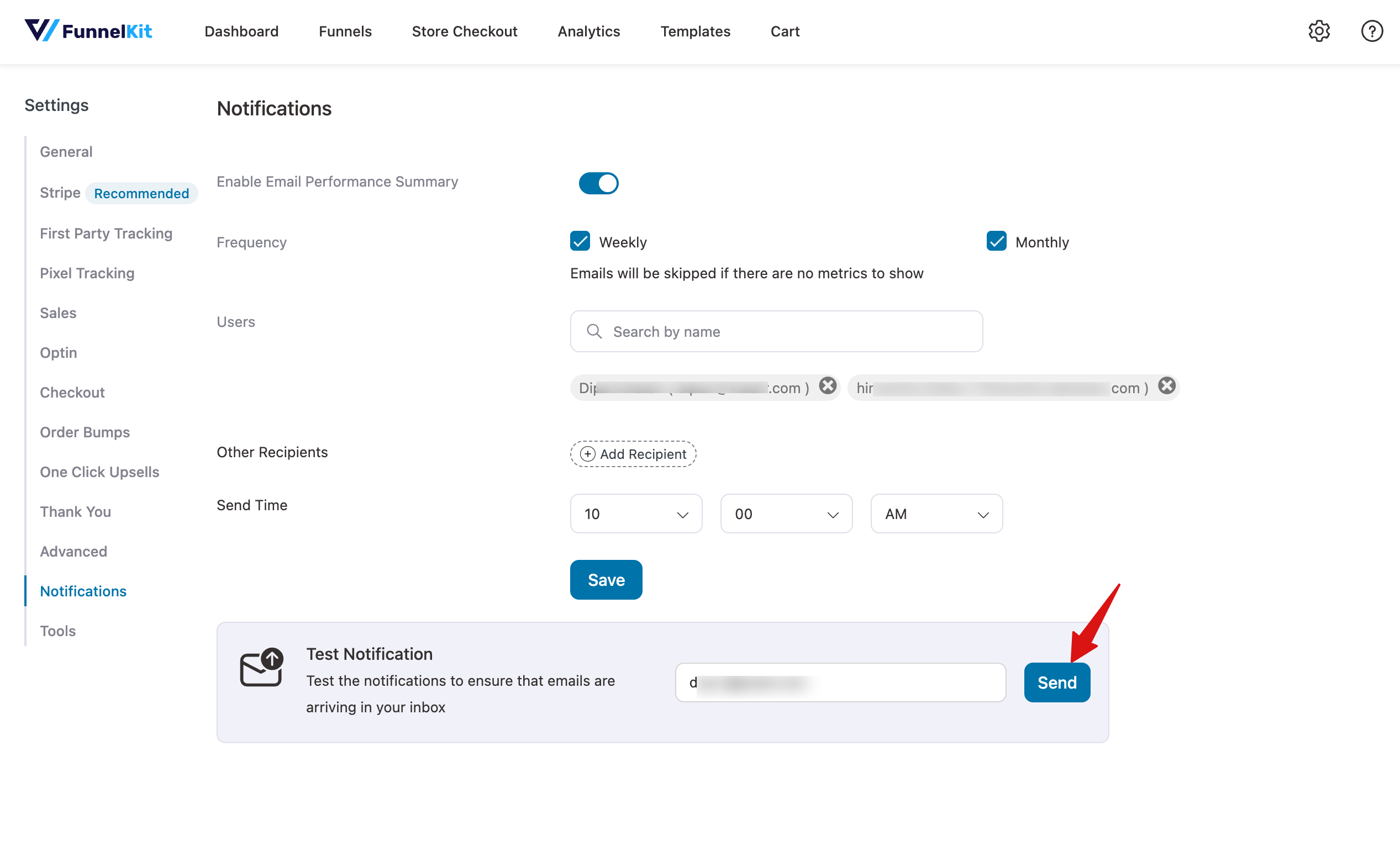 send test notificaion in funnelkit funnel builder